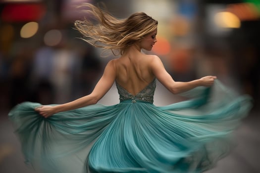 A woman in a blue dress is dancing in the street photo