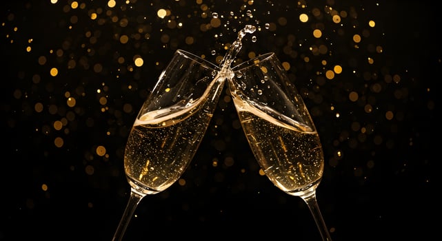 Elegant champagne toast with golden bokeh lights and celebration mood photo