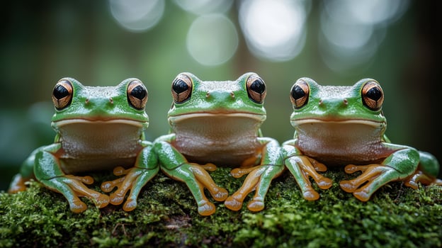 Three green tree frogs sitting on a mossy branch photo