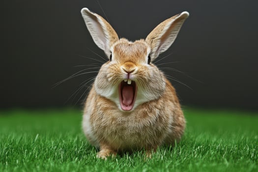 A brown rabbit with its mouth open on a green background photo