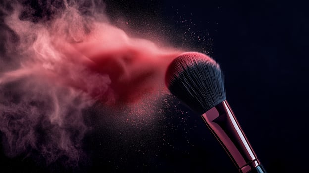 Beauty cosmetic brush with powder explosion on a dark background. 2 photo