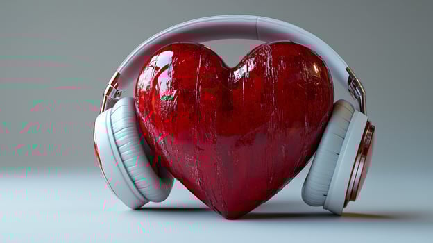 A red heart with white headphones on a white background. 11 photo