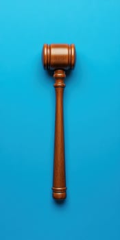 Wooden gavel on blue background symbolizing justice judge decision legal authority concept photo