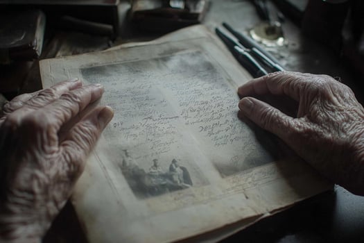 An old woman's hands holding a book with writing on it photo