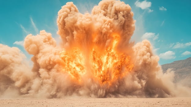 Massive explosion in arid desert landscape under clear blue sky with billowing dust and smoke clouds photo
