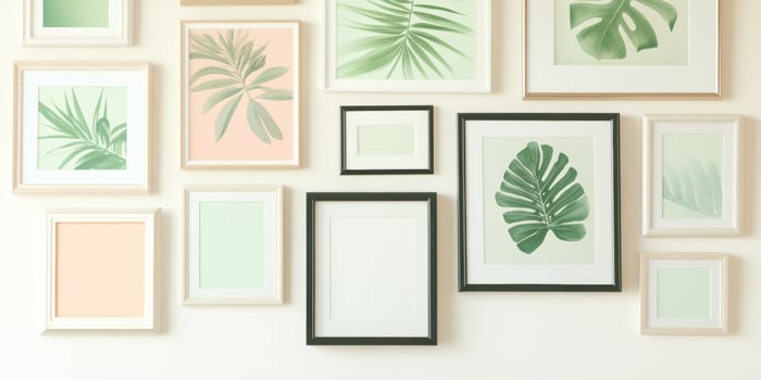 Stylish framed botanical art on neutral wall with palm and monstera leaves in modern home decor photo