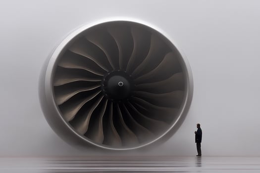 A man standing in front of a jet engine photo