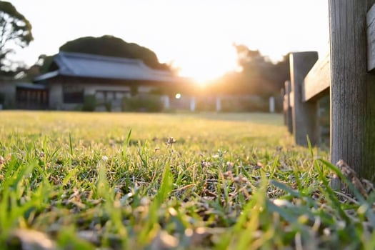 A wooden fence and grass in the sun photo