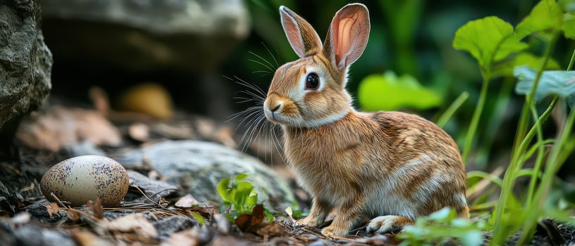 A rabbit is sitting on the ground near a rock photo