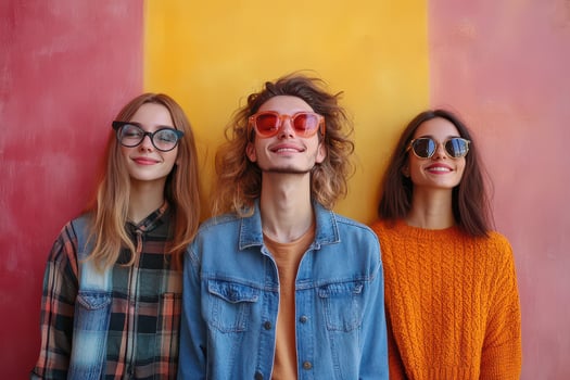 Three young women wearing sunglasses and standing in front of a colorful wall photo