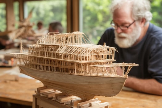 A man is working on a wooden model of a ship photo