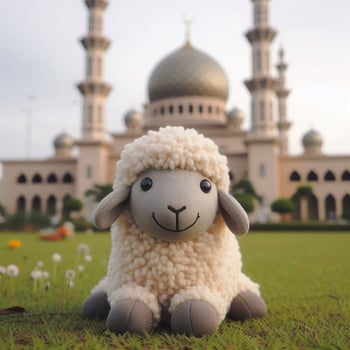 A smiling sheep with fluffy wool on the grass in front of a mosque Eid Al-Adha concept photo