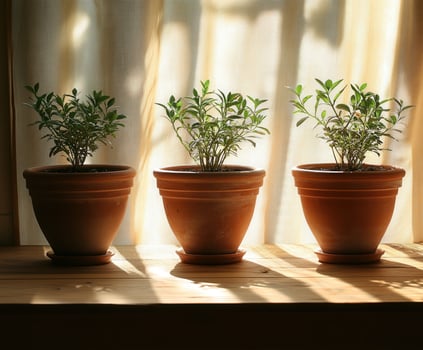 Three pots of plants sit on a window sill photo