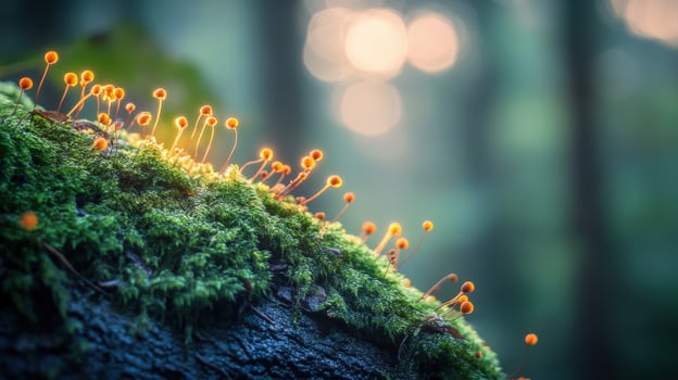 Moss and small orange flowers growing on a tree photo