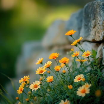 A bunch of yellow flowers growing in front of a stone wall photo