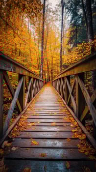 A wooden bridge in the woods with autumn leaves photo