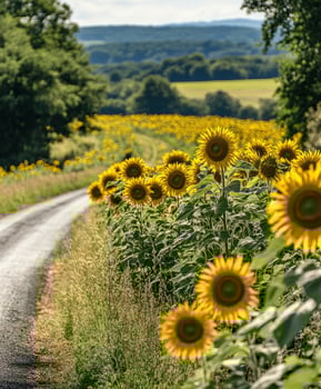 A road with a field of sunflowers photo