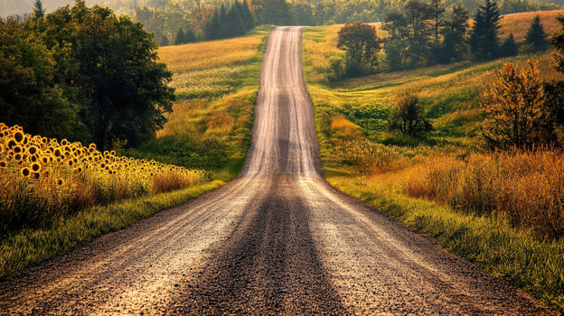 A country road with sunflowers in the foreground photo