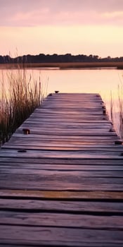 A wooden dock leads to the water at sunset photo