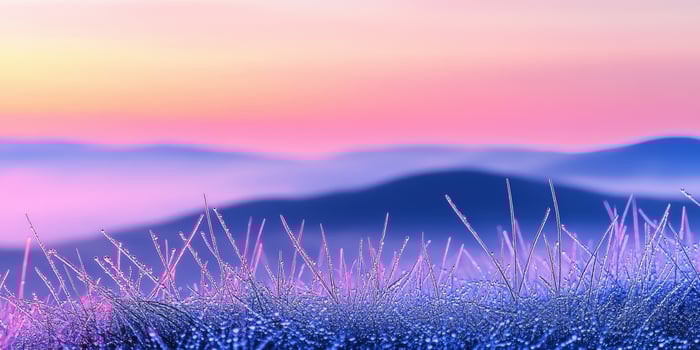 Frosty grass and mountains at sunset photo