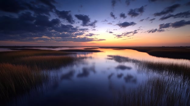 A sunset over the marsh with clouds reflecting in the water photo