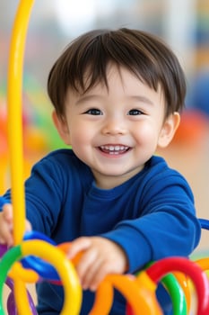 Joyful neurodiverse child engaging with colorful sensory toys in an indoor play area filled with warm lighting photo