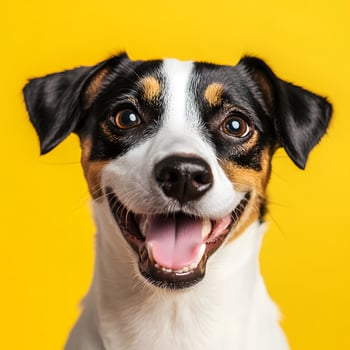 Portrait of a Jack Russell Terrier dog on a yellow background. Funny dog, selective focus. photo