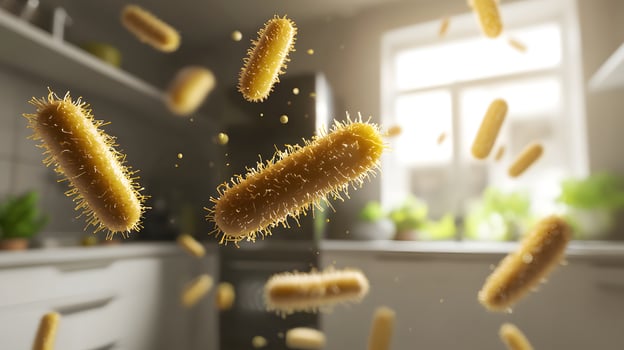 Microscopic Bacteria Floating in Modern Kitchen 3D Render Germ Concept photo