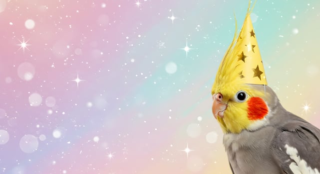 Cockatiel Wearing a Yellow Party Hat with Gold Stars Set Against a Dreamy Pastel Bokeh Background photo