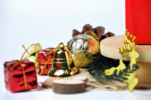 Christmas decorations closeup with shiny gold reindeer photo