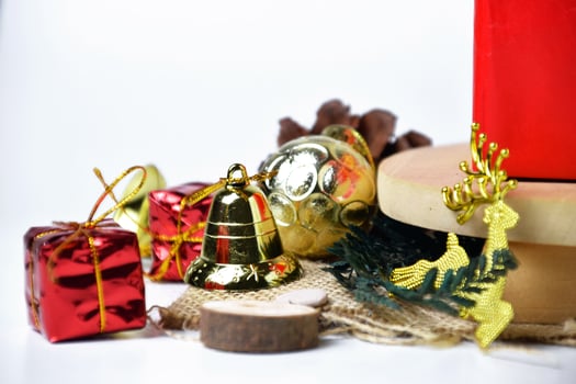 Closeup of festive christmas decor with golden reindeer photo