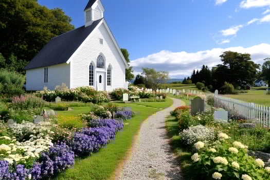 White wooden church with cemetery and colorful flowers blooming in summer photo