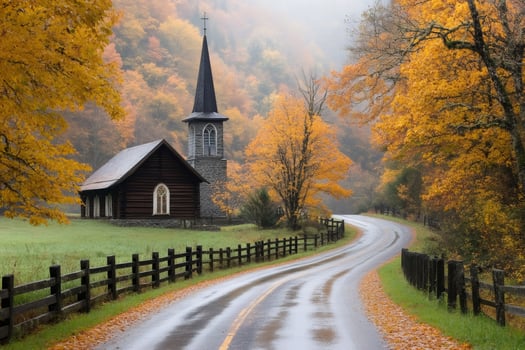 Winding road leading to a church in the Great Smoky Mountains National Park during a misty autumn morning photo