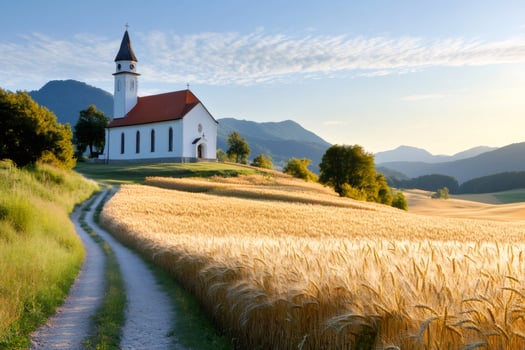 Idyllic rural landscape with church overlooking wheat field in Slovenia photo