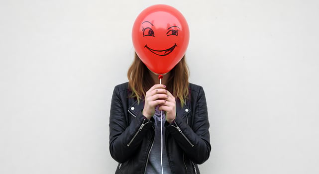 Woman with Red Balloon Covering Face Leather Jacket Portrait Art photo