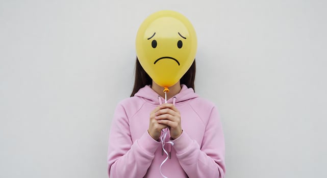 Woman with Yellow Balloon Sad Face Pink Hoodie Portrait photo