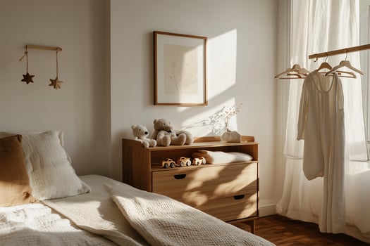 Cozy nursery bedroom with natural light and wooden furniture photo