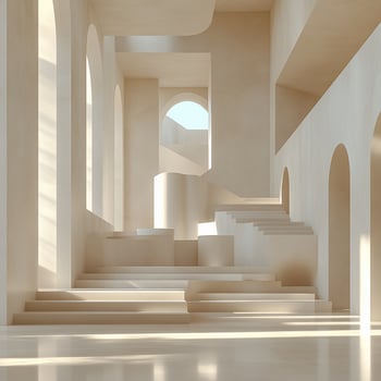 Minimalist, sun-drenched interior space with architectural details photo