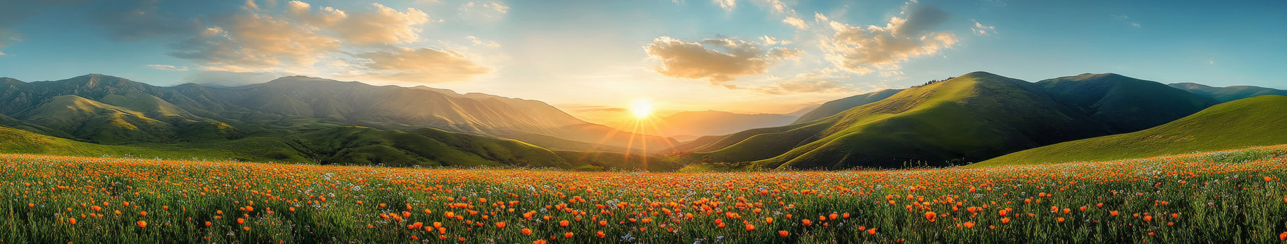 A field of flowers and mountains at sunset photo