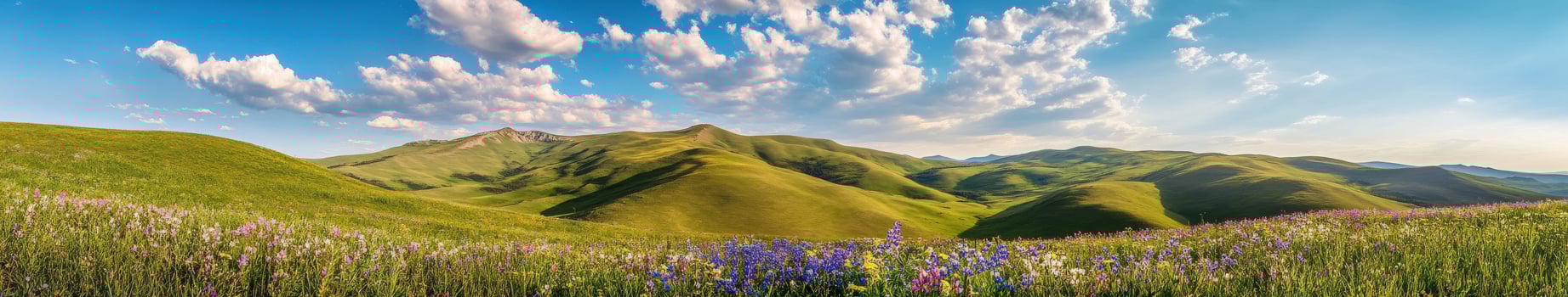 Beautiful landscape with flowers and mountains in the background photo