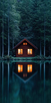 A small cabin is reflected in the water at night photo