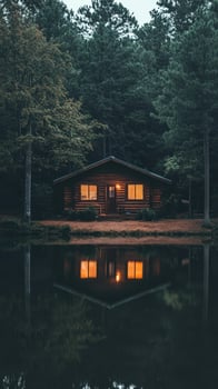 A cabin in the woods with a reflection of the house in the water photo