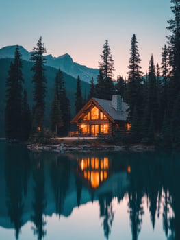 A cabin sits on the shore of a lake at dusk photo