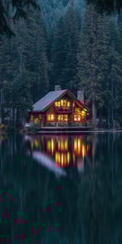 A cabin is reflected in the water at night photo