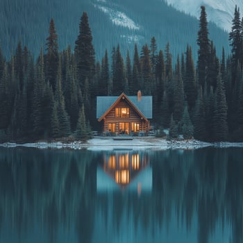 A cabin sits on the shore of a lake surrounded by trees photo
