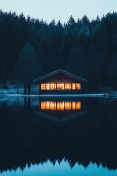 A cabin in the woods at dusk photo