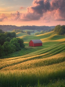 A red barn sits in the middle of a green field photo