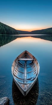 A boat sits on the shore of a lake at sunset photo