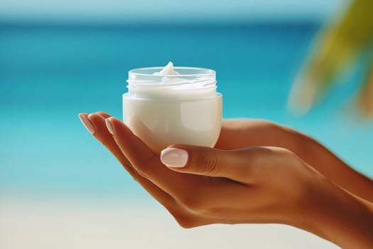 Woman holding moisturizing cream jar at beach on sunny day photo