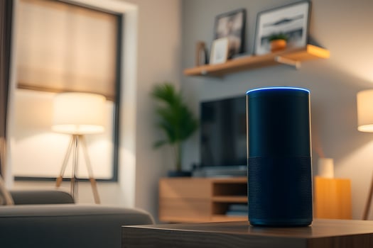 Smart speaker with blue light sits on a table in a cozy living room, symbolizing home automation and modern connected living. photo